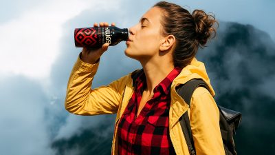 دختر کوهنورد در بالای کوه در حال نوشیدن انرژی زا هاگن شیشه است. ایا به راستی عوارض نوشابه انرژی زا حقیقت دارد؟