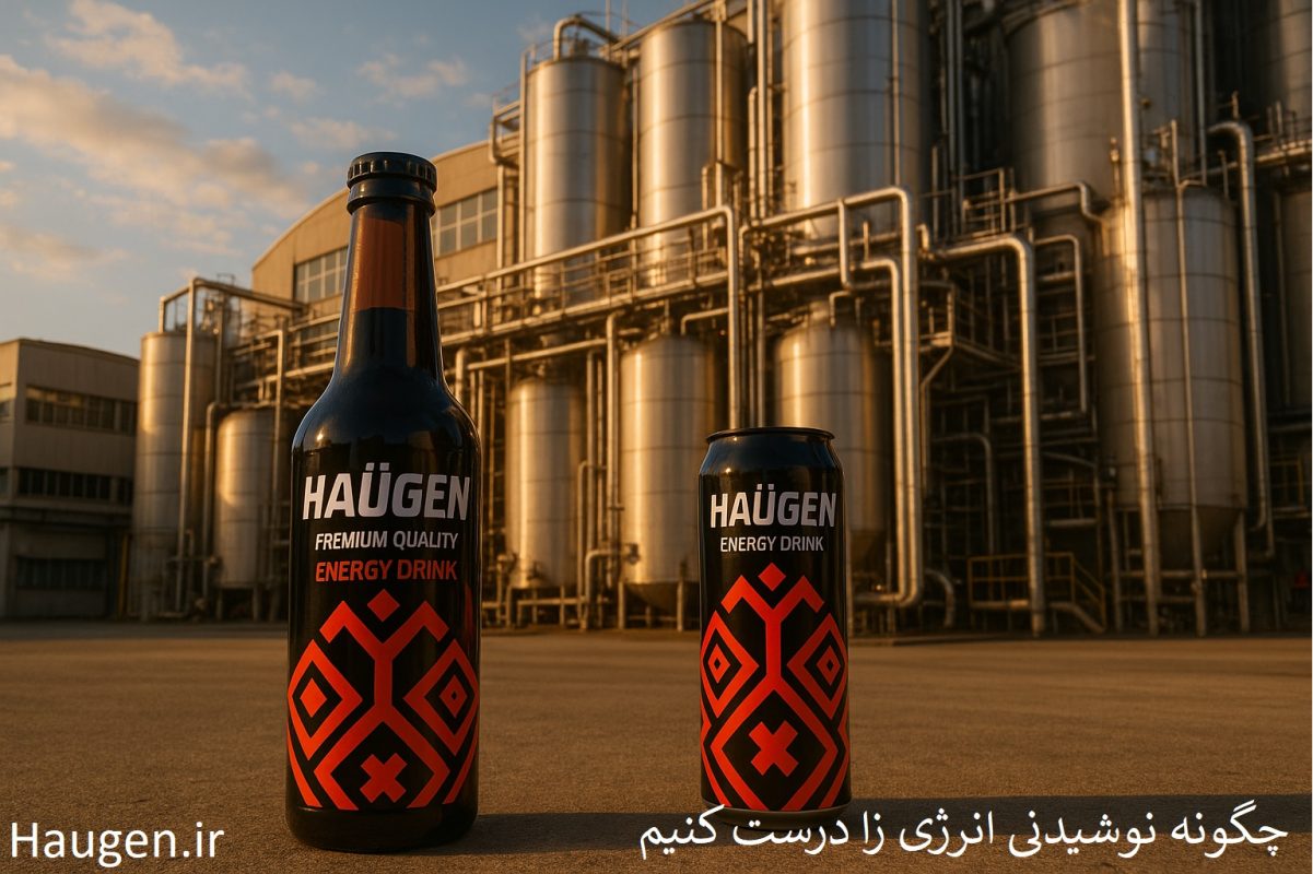 انرژی زا چگونه درست میشود. عکس انرژی زا ایرانی هاگن شیشه و قوطی در جلوی کارخانه تولید نوشیدنی های انرژی زا