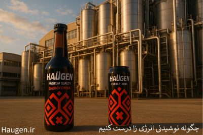 انرژی زا چگونه درست میشود. عکس انرژی زا ایرانی هاگن شیشه و قوطی در جلوی کارخانه تولید نوشیدنی های انرژی زا