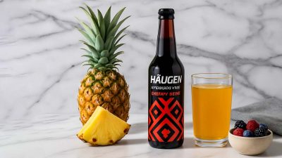 ایا نوشیدنی انرژی زا باعث چاقی میشود؟. شیشه انرژی زا هاگن 320 میلی لیتری در کنار لیوان پر از نوشیدنی، آناناس و یک کاسه پر از توتی فروتی