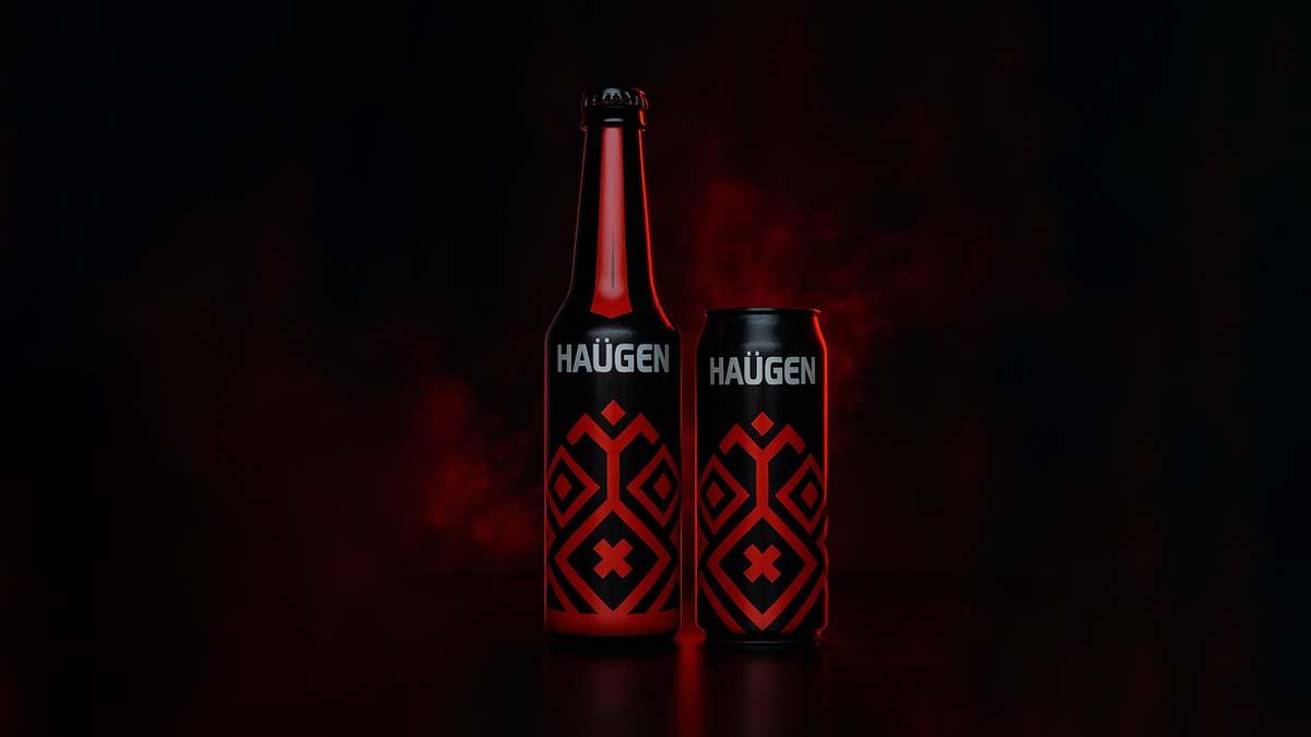 آیا نوشابه انرژی زا الکل دارد؟. شیشه و قوطی نوشیدنی انرژی زا هاگن در پس زمینه سیاه و مات